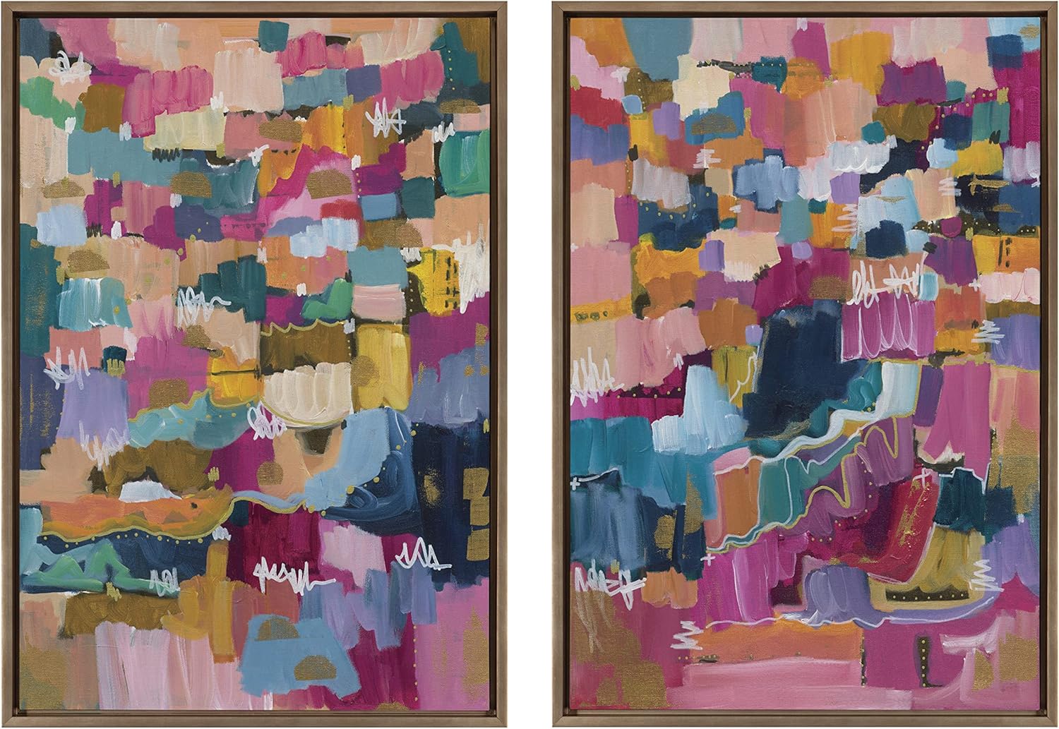 Kate and Laurel Sylvie Applause Framed Canvas Wall Art Set by Leah Nadeau Set of 2 18x24 Gold Decorative Colorful Abstract Art Print for WallGold
