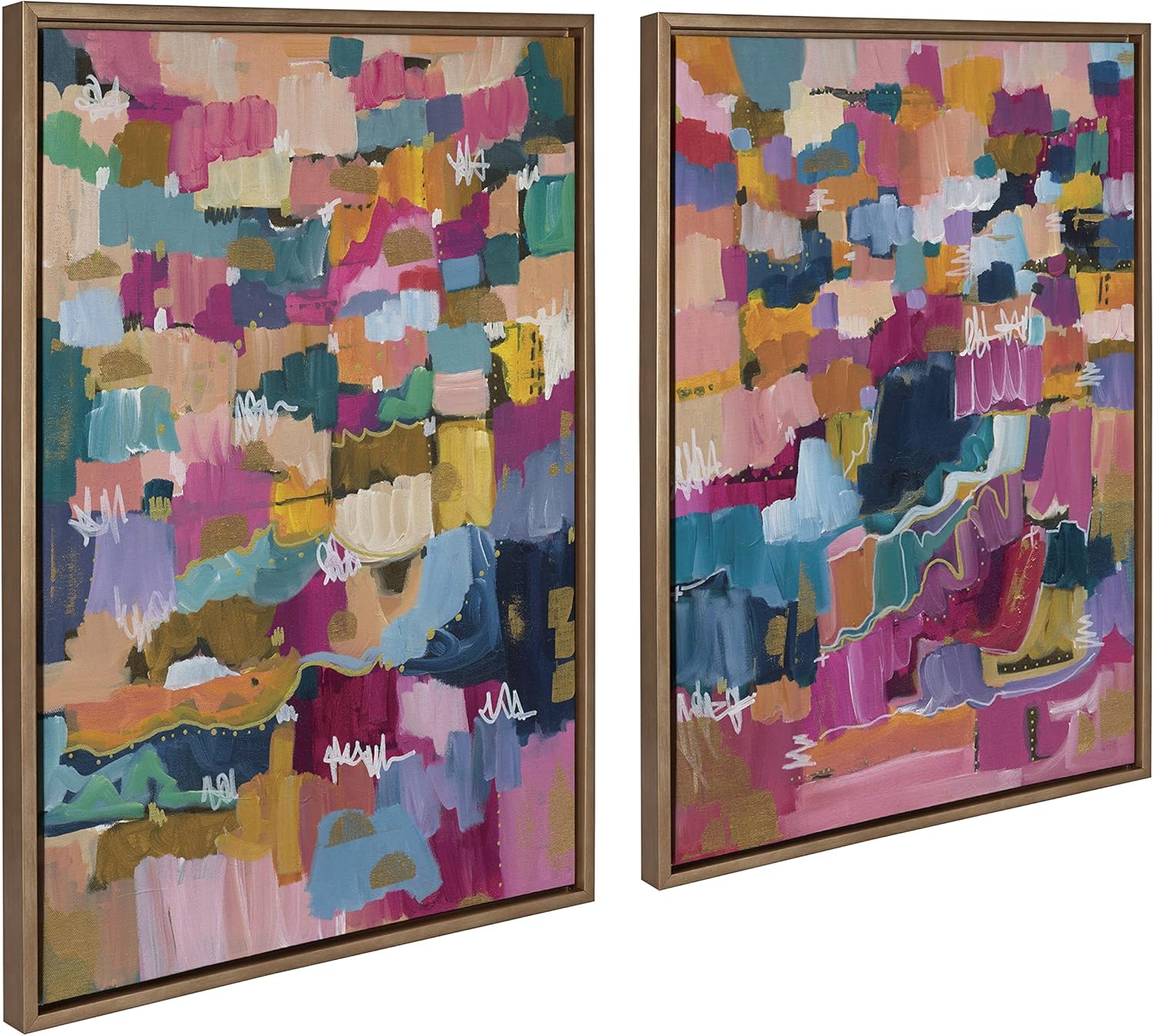 Kate and Laurel Sylvie Applause Framed Canvas Wall Art Set by Leah Nadeau Set of 2 18x24 Gold Decorative Colorful Abstract Art Print for WallGold