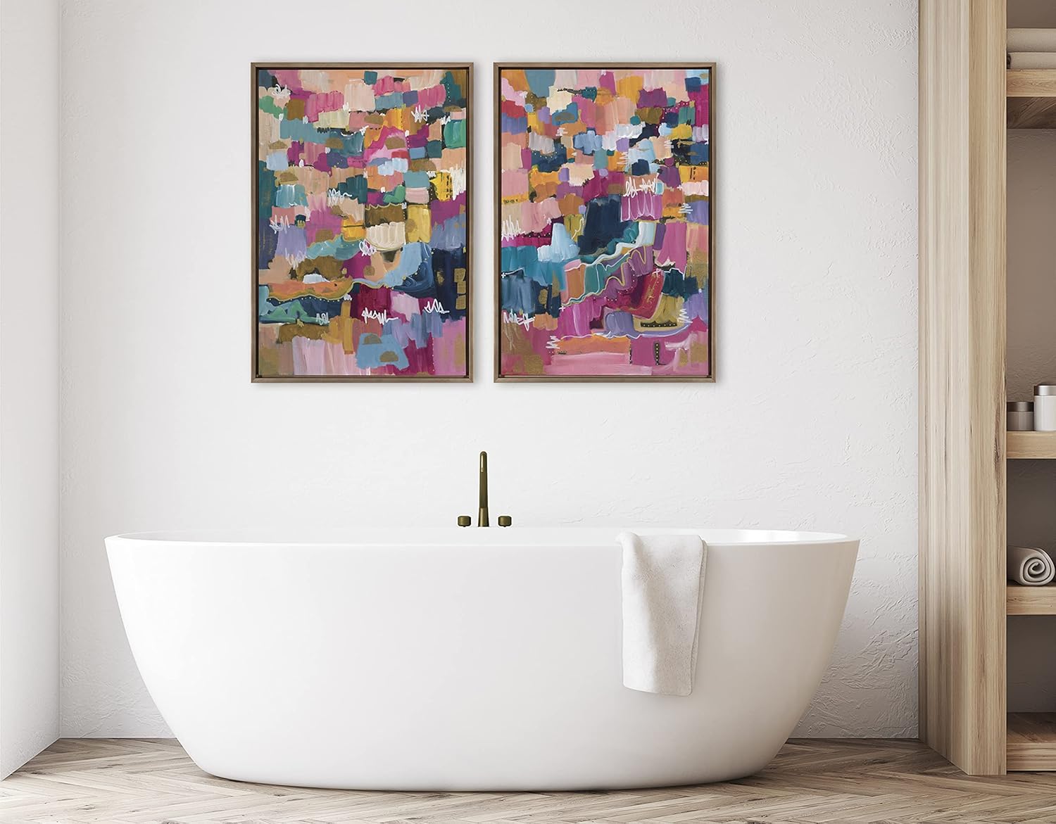 Kate and Laurel Sylvie Applause Framed Canvas Wall Art Set by Leah Nadeau Set of 2 18x24 Gold Decorative Colorful Abstract Art Print for WallGold