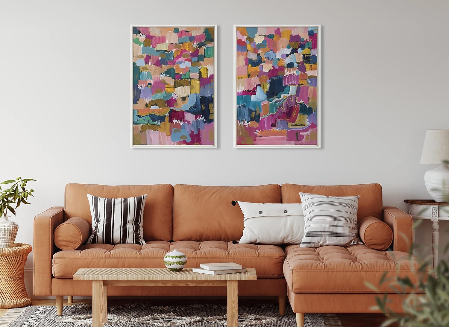 Kate and Laurel Sylvie Applause Framed Canvas Wall Art Set by Leah Nadeau Set of 2 18x24 Gold Decorative Colorful Abstract Art Print for WallWhite
