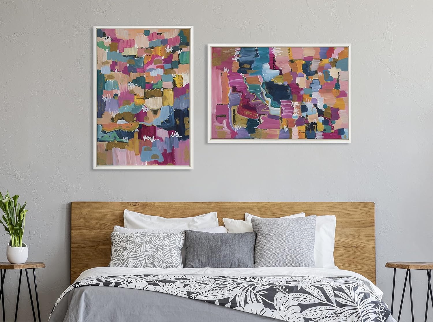 Kate and Laurel Sylvie Applause Framed Canvas Wall Art Set by Leah Nadeau Set of 2 18x24 Gold Decorative Colorful Abstract Art Print for WallWhite