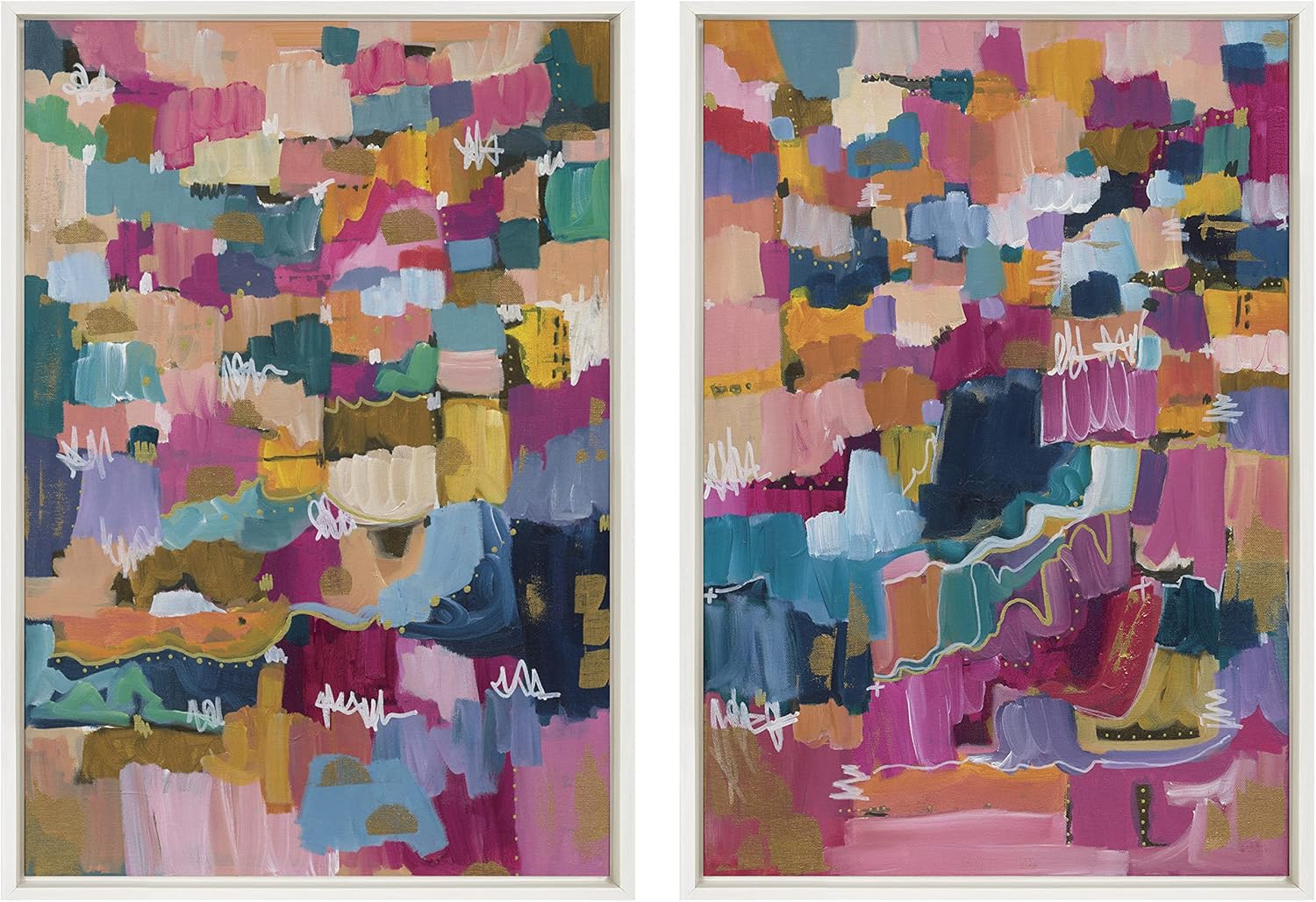 Kate and Laurel Sylvie Applause Framed Canvas Wall Art Set by Leah Nadeau Set of 2 18x24 Gold Decorative Colorful Abstract Art Print for WallWhite