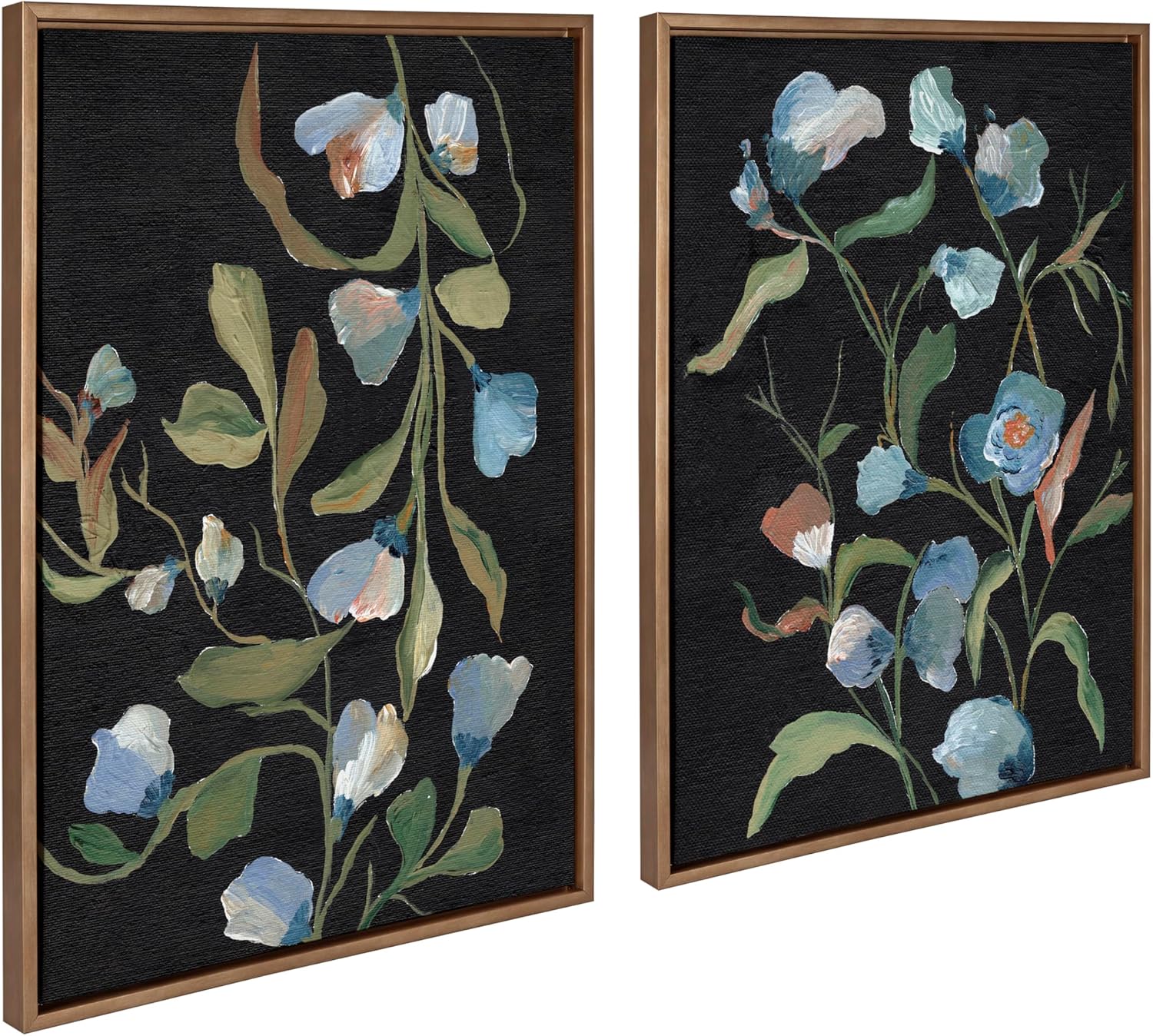 Kate and Laurel Sylvie Beaded Foliage I and Foliage III Vintage Framed Canvas Wall Art Set by Nikita Jariwala 2 Piece Set 28x38 Gold Blue Flowers Art for WallGold