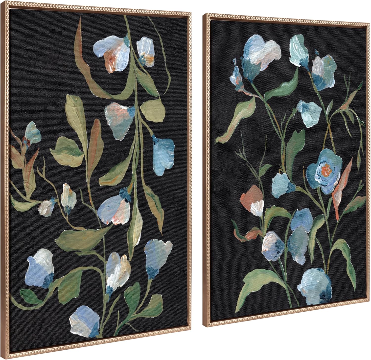 Kate and Laurel Sylvie Beaded Foliage I and Foliage III Vintage Framed Canvas Wall Art Set by Nikita Jariwala 2 Piece Set 28x38 Gold Blue Flowers Art for WallGold