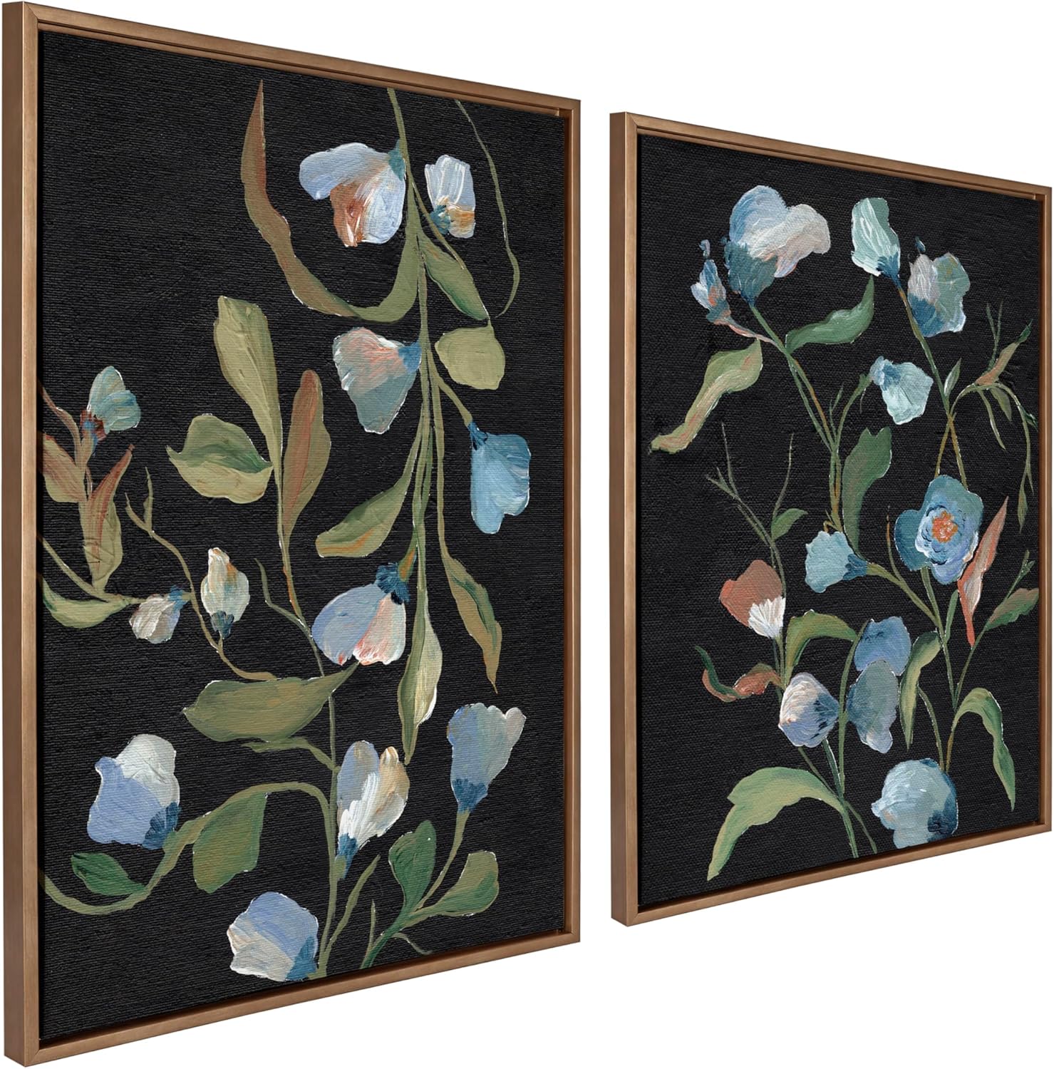 Kate and Laurel Sylvie Beaded Foliage I and Foliage III Vintage Framed Canvas Wall Art Set by Nikita Jariwala 2 Piece Set 28x38 Gold Blue Flowers Art for WallGold