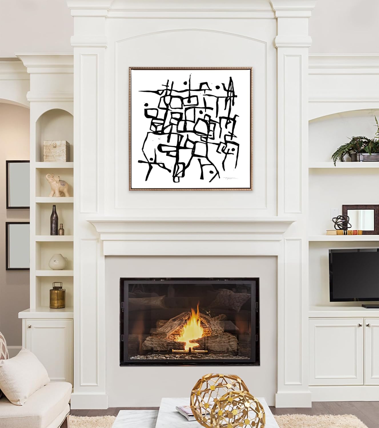 Kate and Laurel Sylvie Beaded Organic Lines Black and White Abstract Vintage Framed Canvas Wall Art by Statement Goods 30x30 Gold Black and White Abstract Art for Wall