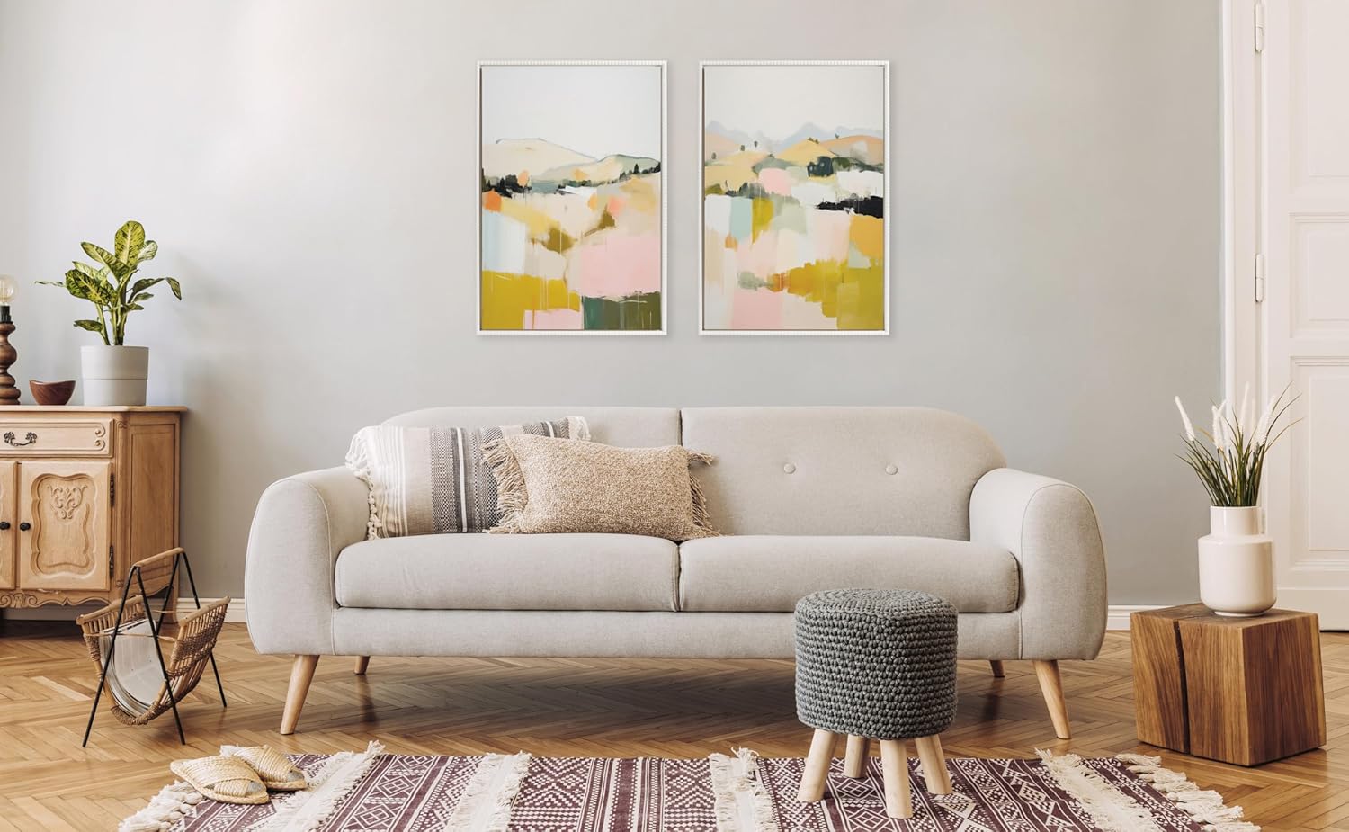 Kate and Laurel Sylvie Beaded Quaint Vista II and III Vintage Framed Canvas Wall Art Set by Amy Lighthall 2 Piece Set 23x33 White Modern Abstract Landscape Art for Wall