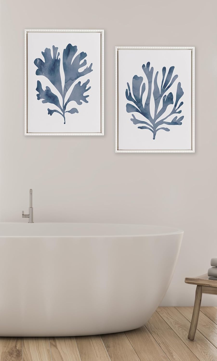 Kate and Laurel Sylvie Beaded Sophisticated Neutral Coral Blue 1 and Sophisticated Neutral Coral Blue 2 Framed Canvas Wall Art Set by The Creative Bunch Studio 2 Piece Set 18x24 White Light Blue Art
