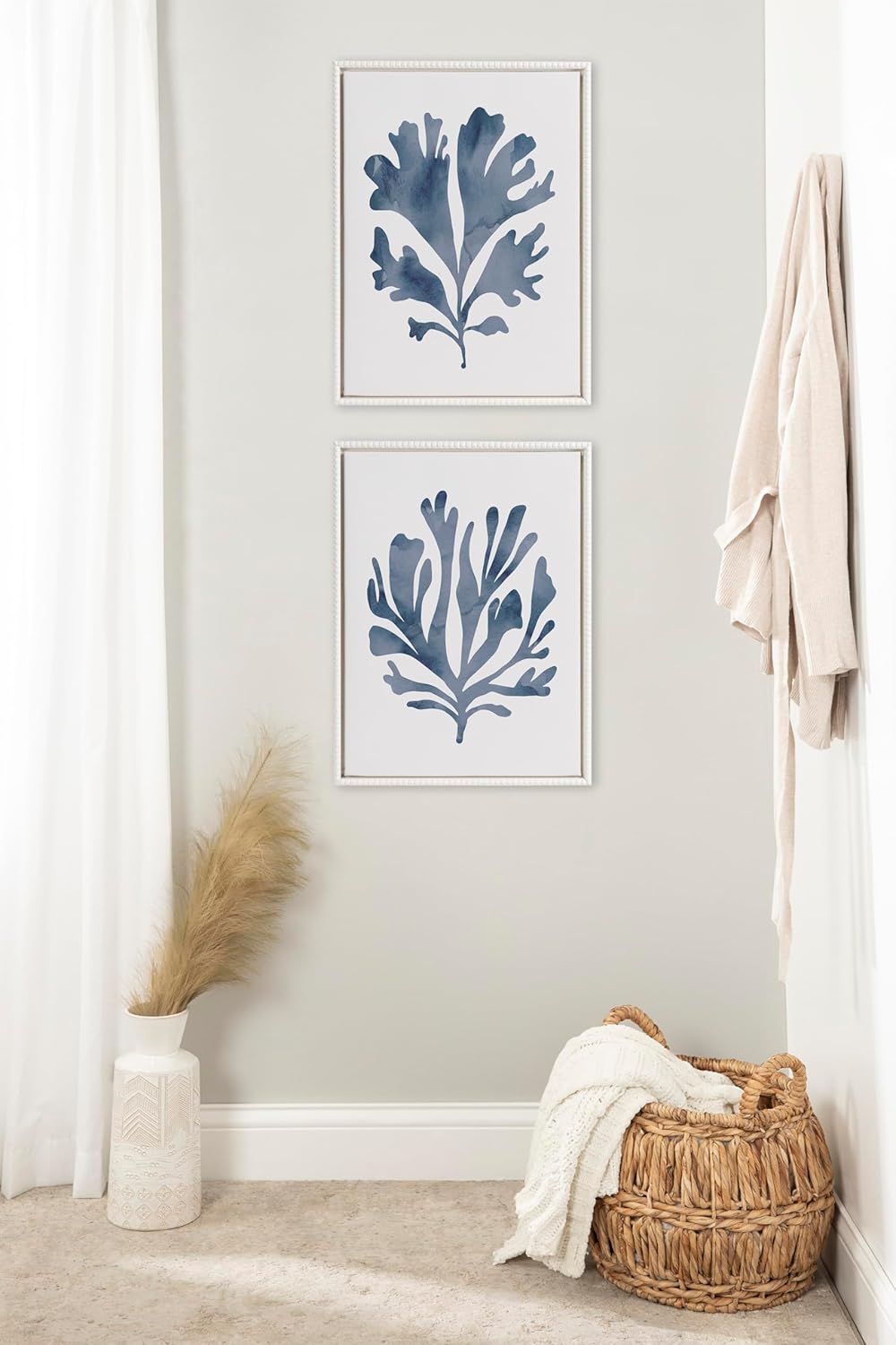 Kate and Laurel Sylvie Beaded Sophisticated Neutral Coral Blue 1 and Sophisticated Neutral Coral Blue 2 Framed Canvas Wall Art Set by The Creative Bunch Studio 2 Piece Set 18x24 White Light Blue Art