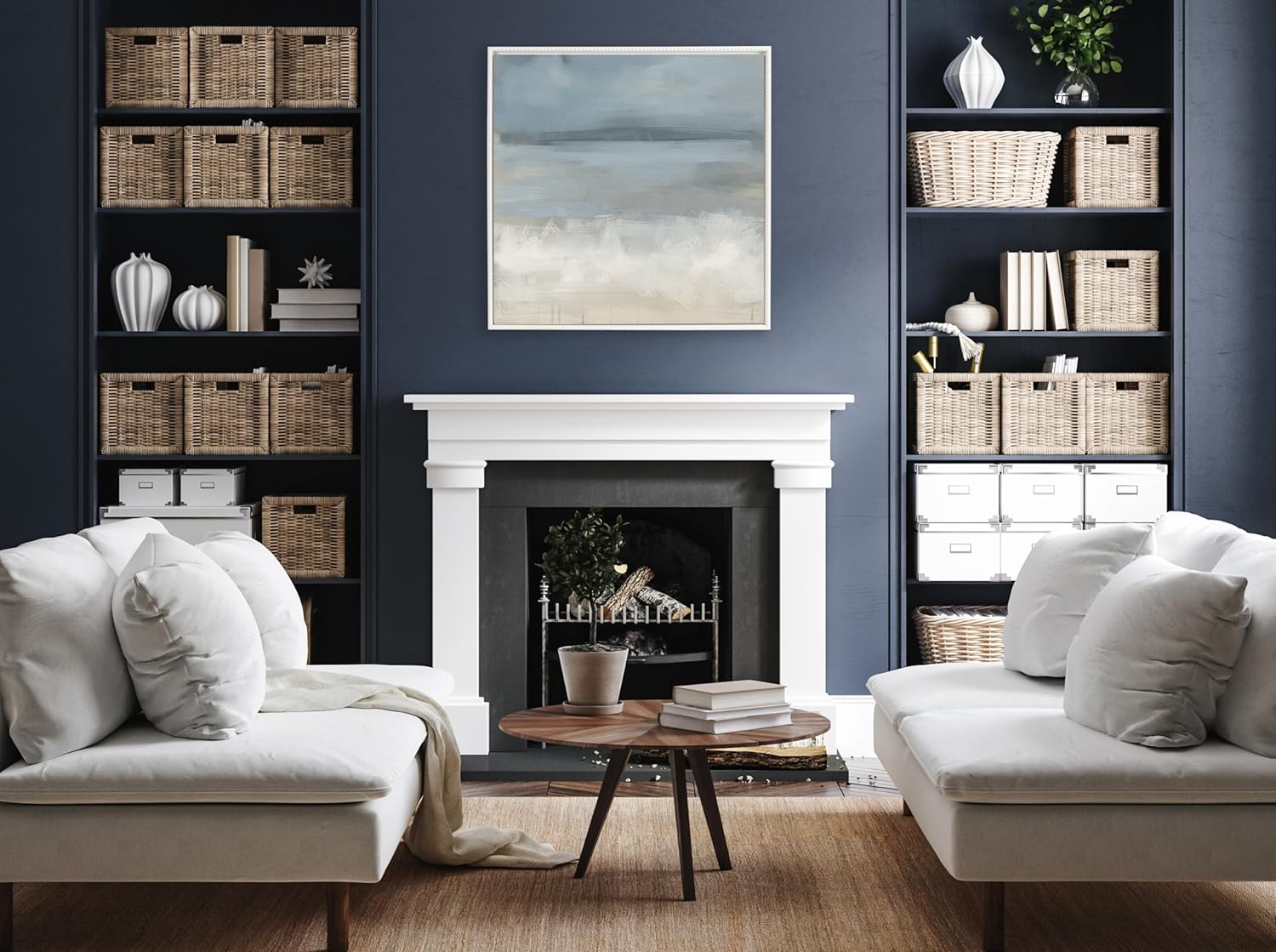 Kate and Laurel Sylvie Beaded The Blues Vintage Framed Canvas Wall Art by Mary Sparrow 30x30 White Modern Abstract Ocean Landscape Art for Wall