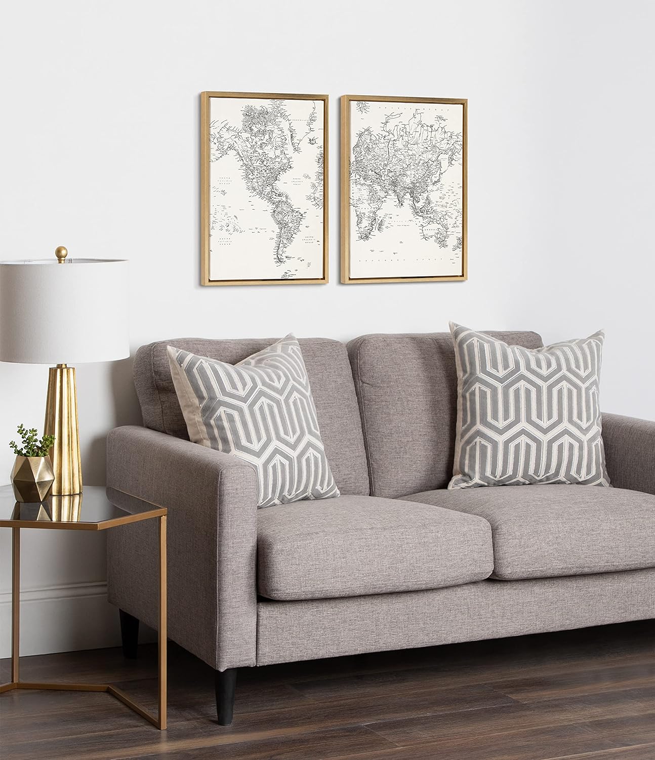Kate and Laurel Sylvie Black and White Modern Retro World Map Framed Canvas Wall Art Set by The Creative Bunch Studio 2 Piece 18x24 Gold Vintage Map Art for Wall