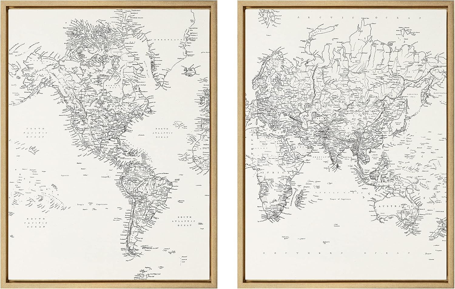 Kate and Laurel Sylvie Black and White Modern Retro World Map Framed Canvas Wall Art Set by The Creative Bunch Studio 2 Piece 18x24 Gold Vintage Map Art for Wall