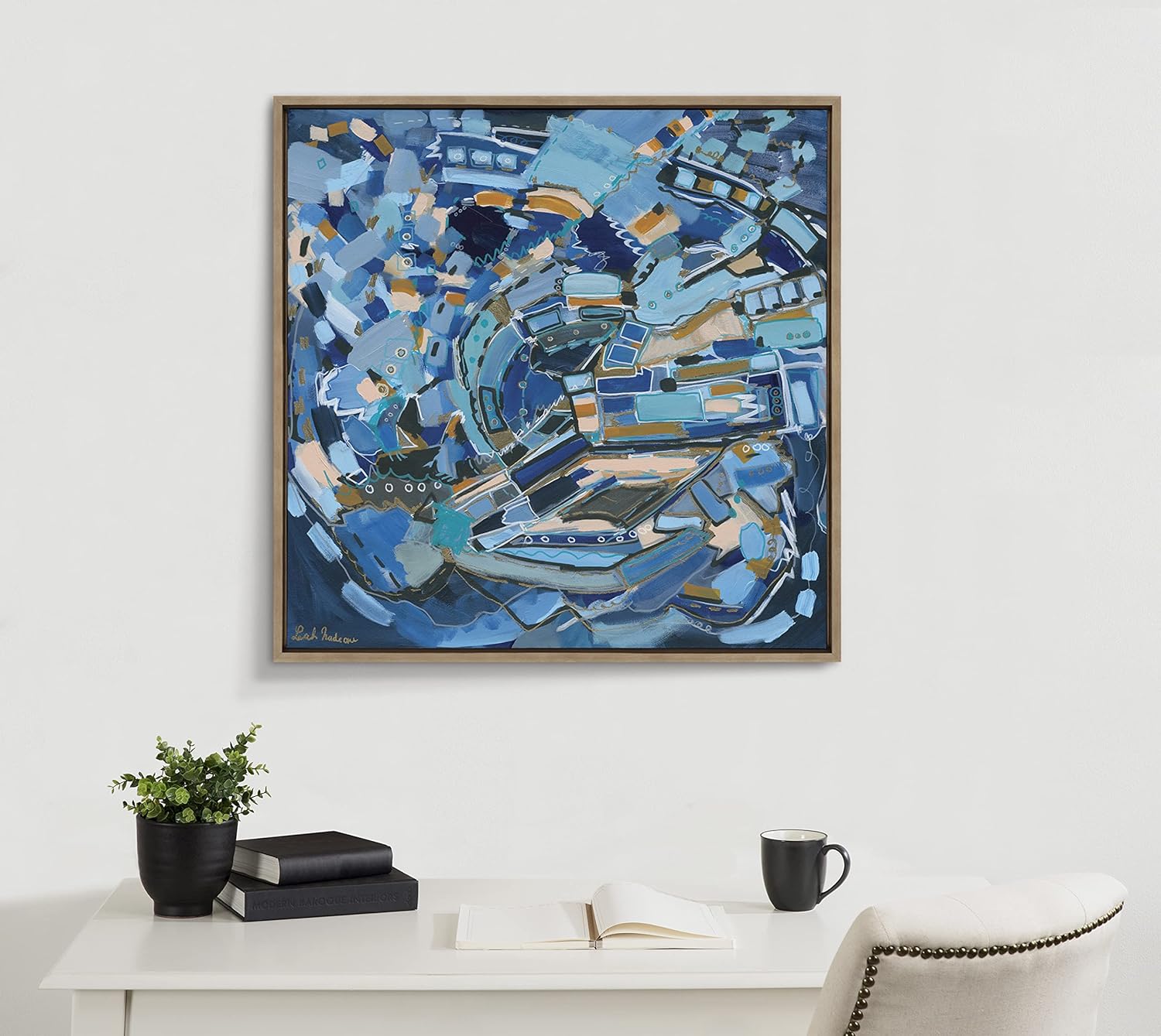 Kate and Laurel Sylvie Blue Dream Framed Canvas Wall Art by Leah Nadeau 30x30 Gold Decorative Abstract Art Print for WallGold