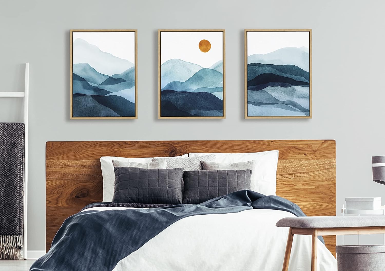 Kate and Laurel Sylvie Blue Mountain Range Framed Canvas Wall Art Set by Amy Lighthall Set of 3 18x24 Natural Decorative Landscape Art for Wall