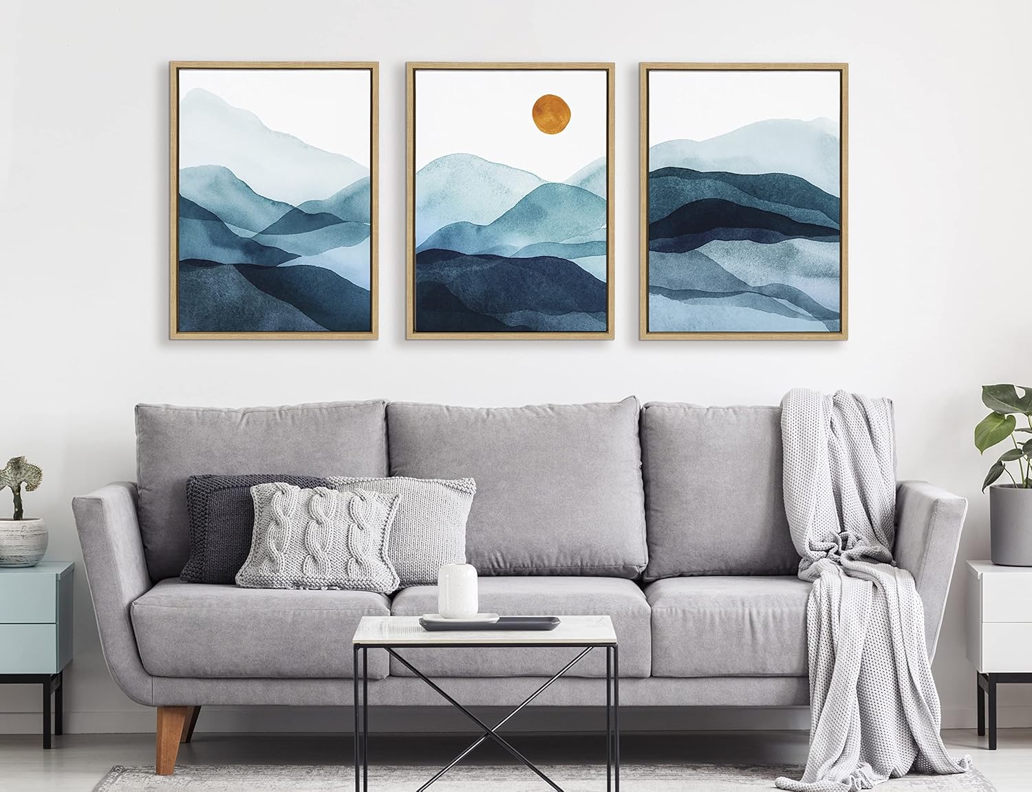 Kate and Laurel Sylvie Blue Mountain Range Framed Canvas Wall Art Set by Amy Lighthall Set of 3 18x24 Natural Decorative Landscape Art for Wall