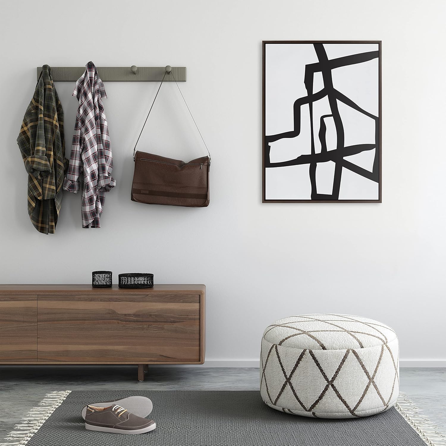 Kate and Laurel Sylvie Bold Sophisticated Abstract Black Stroke Framed Canvas Wall Art by The Creative Bunch Studio 28x38 Natural Contemporary Brushtrokes Modern Art for WallBrown