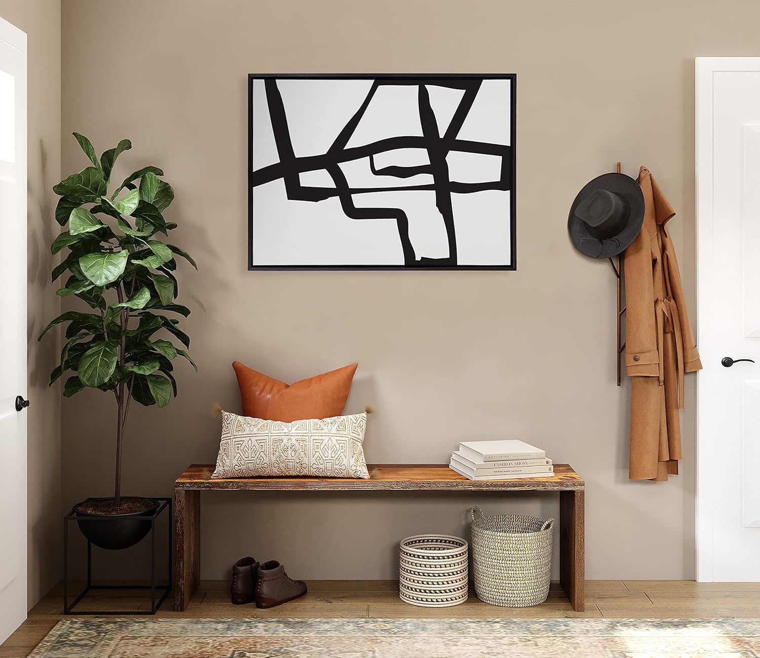 Kate and Laurel Sylvie Bold Sophisticated Abstract Black Stroke Framed Canvas Wall Art by The Creative Bunch Studio 28x38 Natural Contemporary Brushtrokes Modern Art for WallBlack