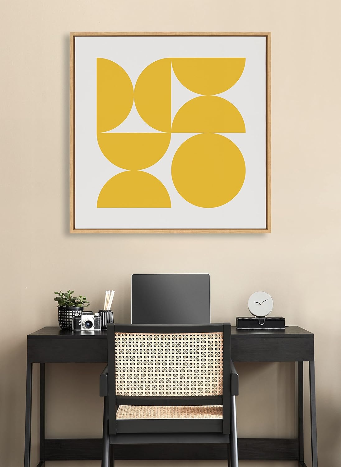 Kate and Laurel Sylvie Bold Vintage Geometric Sunshine Yellow Framed Canvas Wall Art by The Creative Bunch Studio 30x30 Brown MidCentury Modern Design Wall ArtNatural