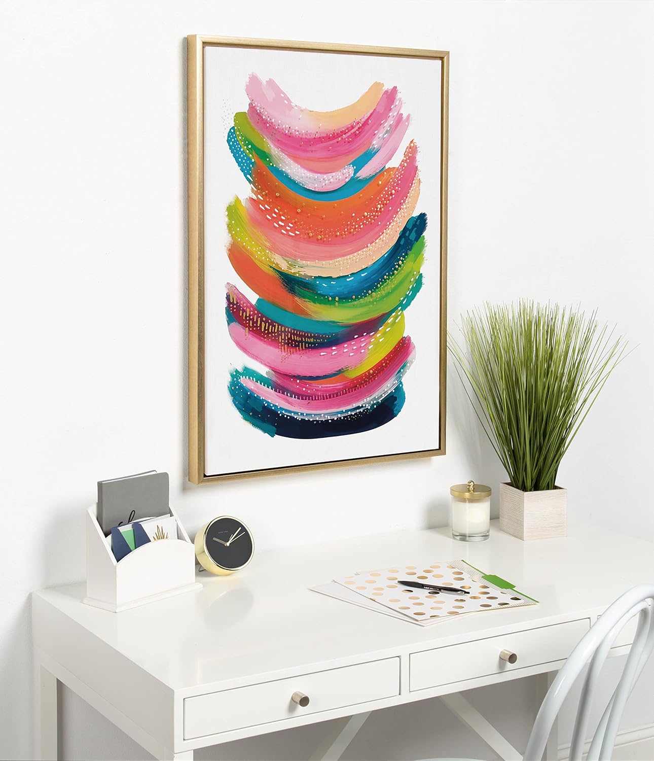 Kate and Laurel Sylvie Bright Abstract Framed Canvas Wall Art by Jessi Raulet of Ettavee 18x40 Gray Modern Colorful Brushstrokes Art for WallGold