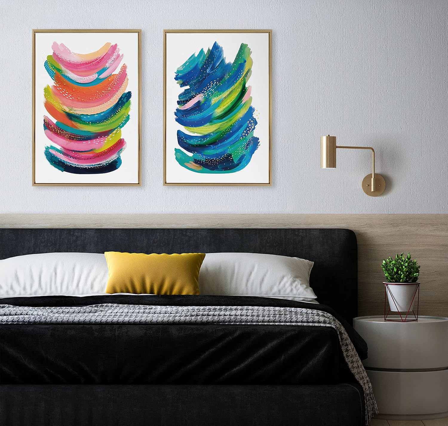 Kate and Laurel Sylvie Bright Abstract Framed Canvas Wall Art by Jessi Raulet of Ettavee 18x40 Gray Modern Colorful Brushstrokes Art for WallGold