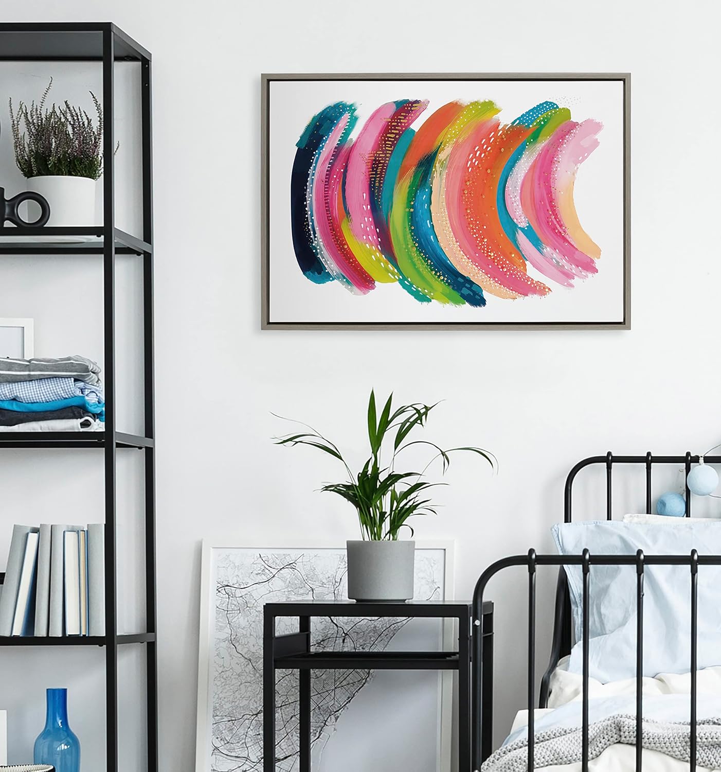 Kate and Laurel Sylvie Bright Abstract Framed Canvas Wall Art by Jessi Raulet of Ettavee 18x40 Gray Modern Colorful Brushstrokes Art for WallGray