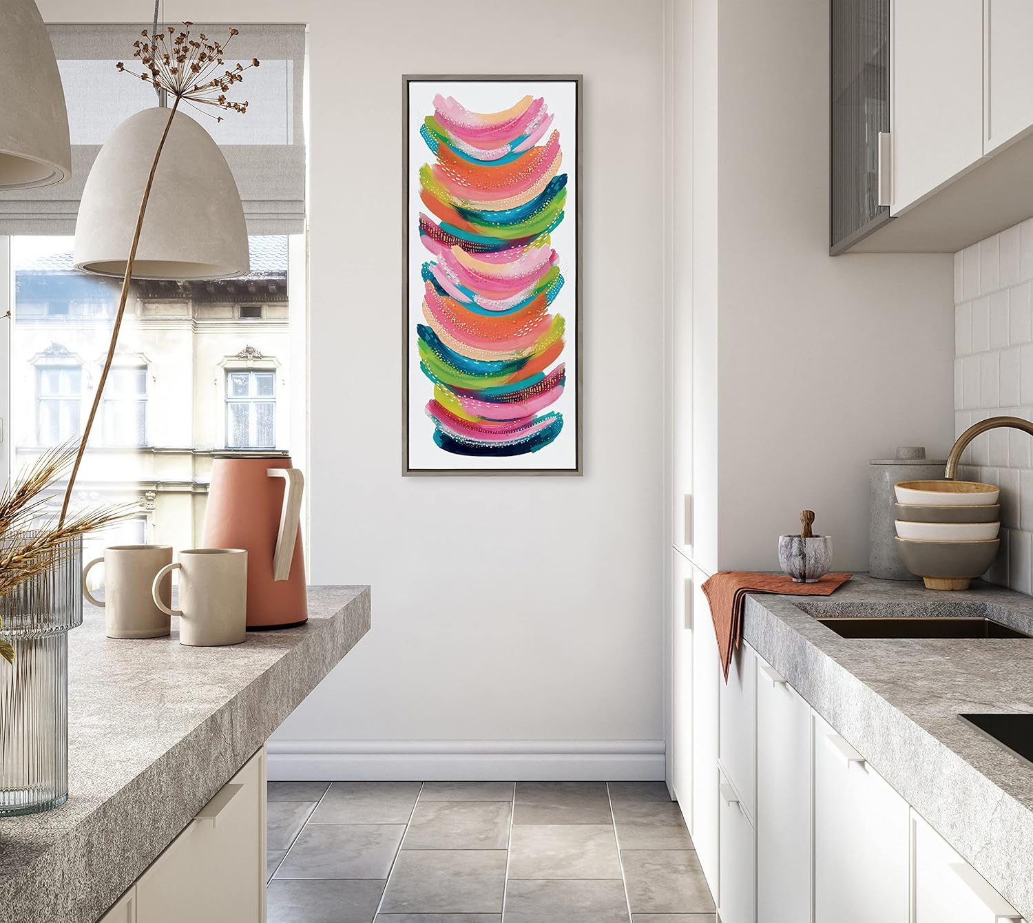 Kate and Laurel Sylvie Bright Abstract Framed Canvas Wall Art by Jessi Raulet of Ettavee 18x40 Gray Modern Colorful Brushstrokes Art for WallGray