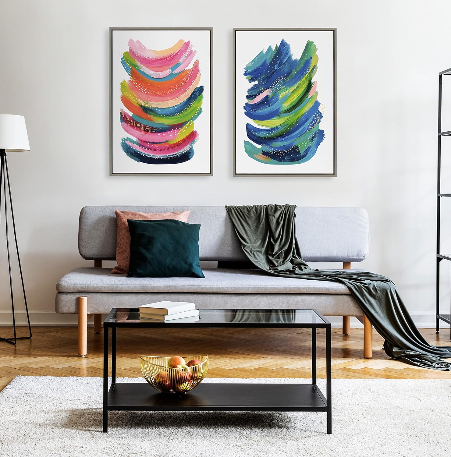 Kate and Laurel Sylvie Bright Abstract Framed Canvas Wall Art by Jessi Raulet of Ettavee 18x40 Gray Modern Colorful Brushstrokes Art for WallGray