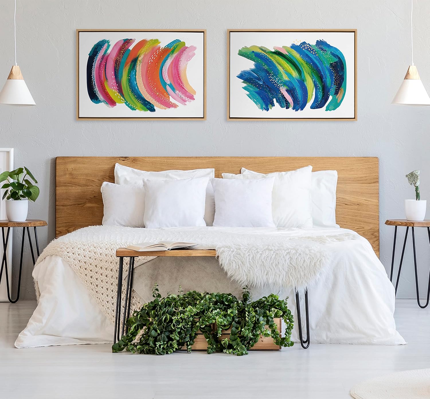 Kate and Laurel Sylvie Bright Abstract Framed Canvas Wall Art by Jessi Raulet of Ettavee 18x40 Gray Modern Colorful Brushstrokes Art for WallNatural