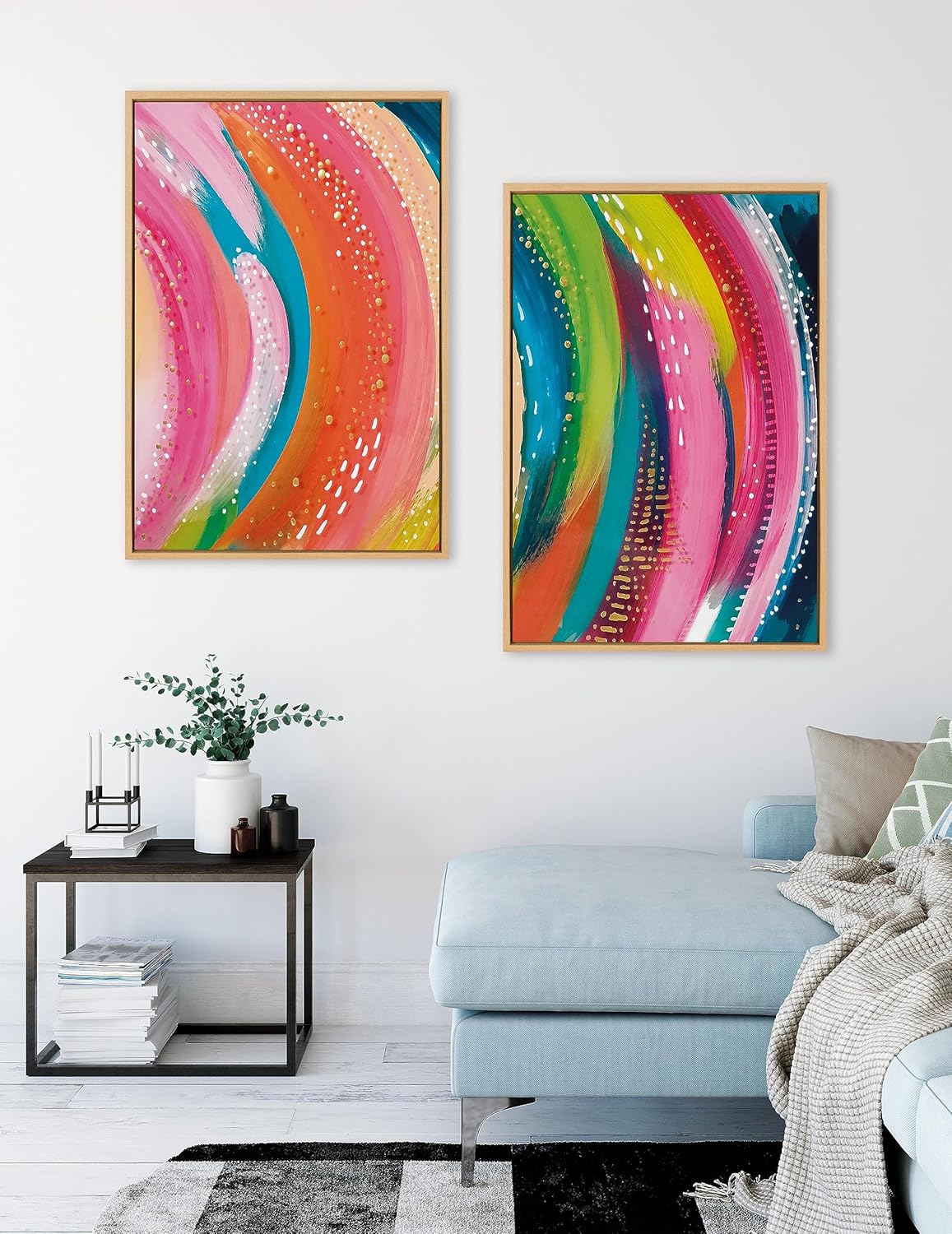 Kate and Laurel Sylvie Bright Abstract Left and Right Framed Canvas Wall Art Set by Jessi Raulet of Ettavee 2 Piece 23x33 Natural Colorful Abstract Brushstroke Art for WallNatural