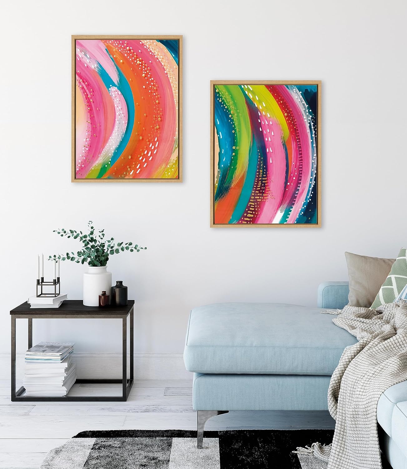 Kate and Laurel Sylvie Bright Abstract Left and Right Framed Canvas Wall Art Set by Jessi Raulet of Ettavee 2 Piece 23x33 Natural Colorful Abstract Brushstroke Art for WallNatural