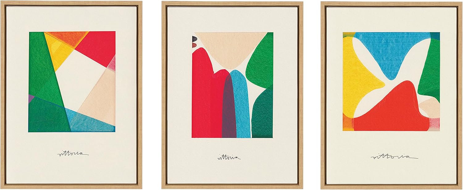 Kate and Laurel Sylvie Bright Modern Colorful Abstract Series Framed Canvas Wall Art Set by Amber Vittoria 3 Piece Set Natural Modern Geometric ThreePiece Wall Art Set