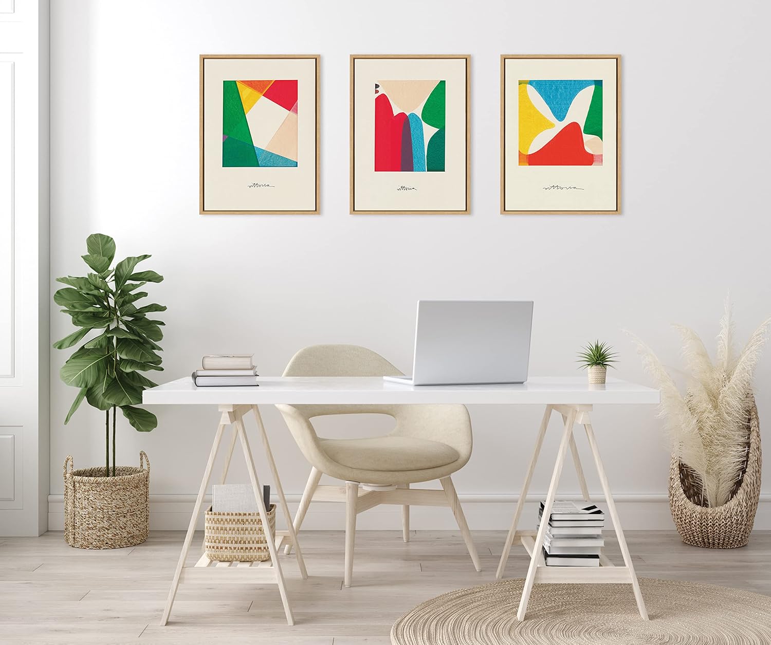 Kate and Laurel Sylvie Bright Modern Colorful Abstract Series Framed Canvas Wall Art Set by Amber Vittoria 3 Piece Set Natural Modern Geometric ThreePiece Wall Art Set