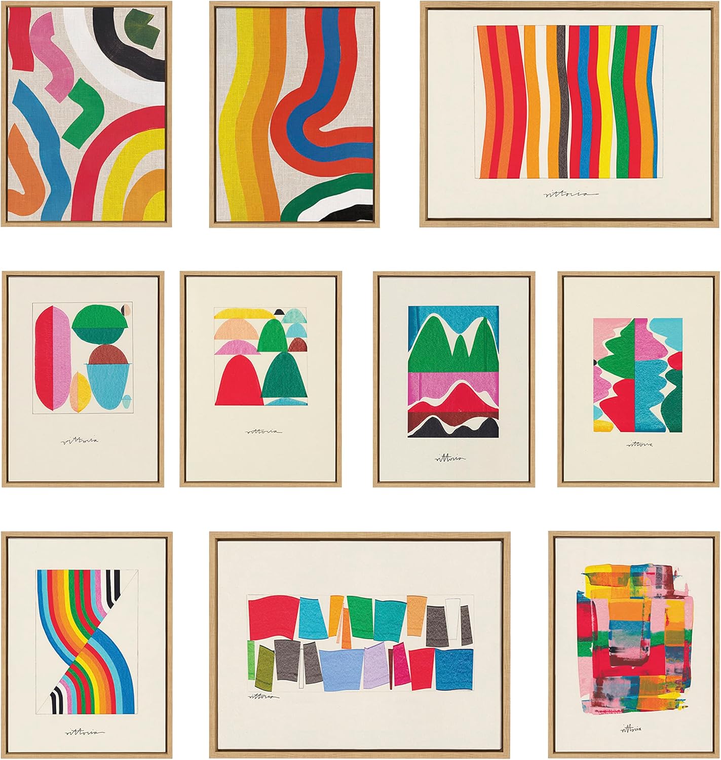 Kate and Laurel Sylvie Bright Modern Colorful Abstract Series Framed Canvas Wall Art Set by Amber Vittoria 3 Piece Set Natural Modern Geometric ThreePiece Wall Art Set
