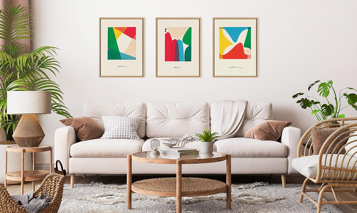 Kate and Laurel Sylvie Bright Modern Colorful Abstract Series Framed Canvas Wall Art Set by Amber Vittoria 3 Piece Set Natural Modern Geometric ThreePiece Wall Art Set