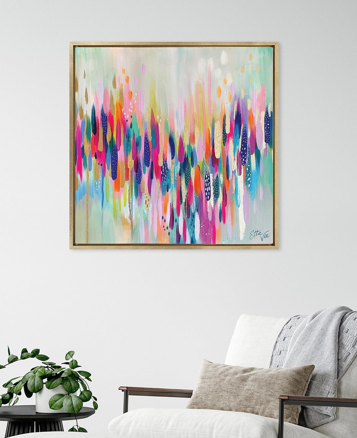 Kate and Laurel Sylvie Brushstroke 154 Framed Canvas Wall Art by Jessi Raulet of Ettavee 30x30 White Modern Abstract Colorful Fun Art for WallGold
