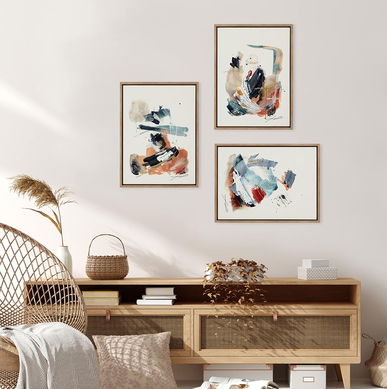Kate and Laurel Sylvie By The Fireplace Series Framed Canvas Wall Art Set by Xizhou Xie 3 Piece Set Gold Modern Abstract Colorful Brushstrokes Art for WallGold