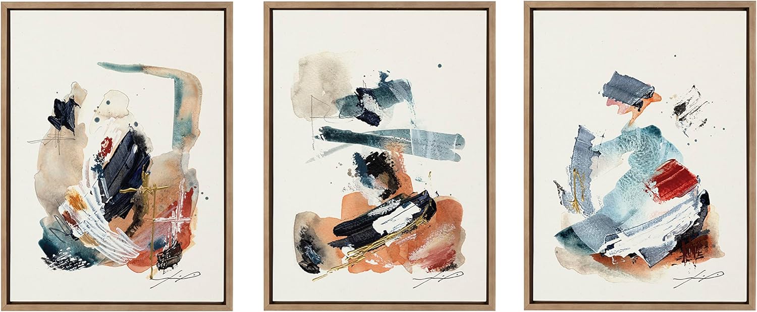 Kate and Laurel Sylvie By The Fireplace Series Framed Canvas Wall Art Set by Xizhou Xie 3 Piece Set Gold Modern Abstract Colorful Brushstrokes Art for WallGold