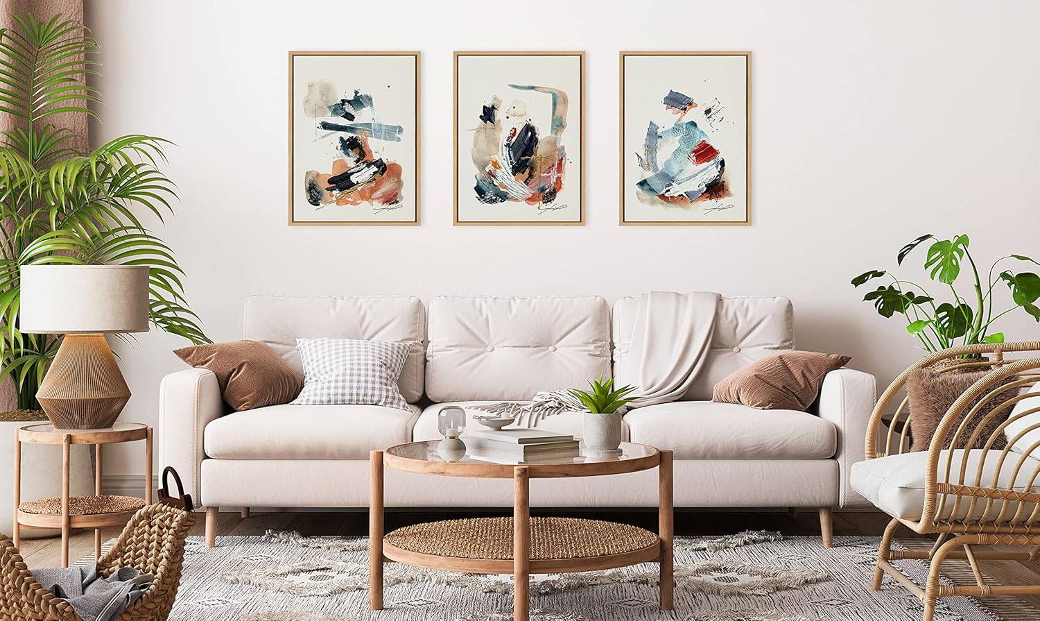 Kate and Laurel Sylvie By The Fireplace Series Framed Canvas Wall Art Set by Xizhou Xie 3 Piece Set Gold Modern Abstract Colorful Brushstrokes Art for WallNatural