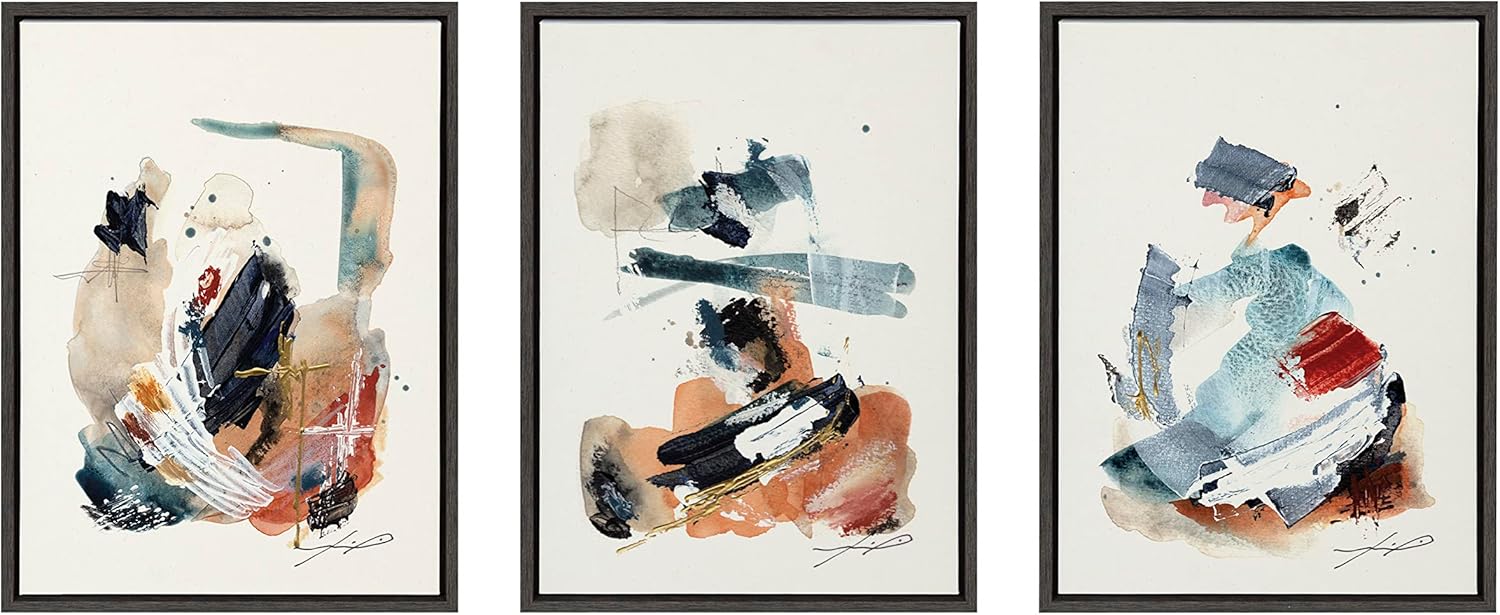 Kate and Laurel Sylvie By The Fireplace Series Framed Canvas Wall Art Set by Xizhou Xie 3 Piece Set Gold Modern Abstract Colorful Brushstrokes Art for WallGray