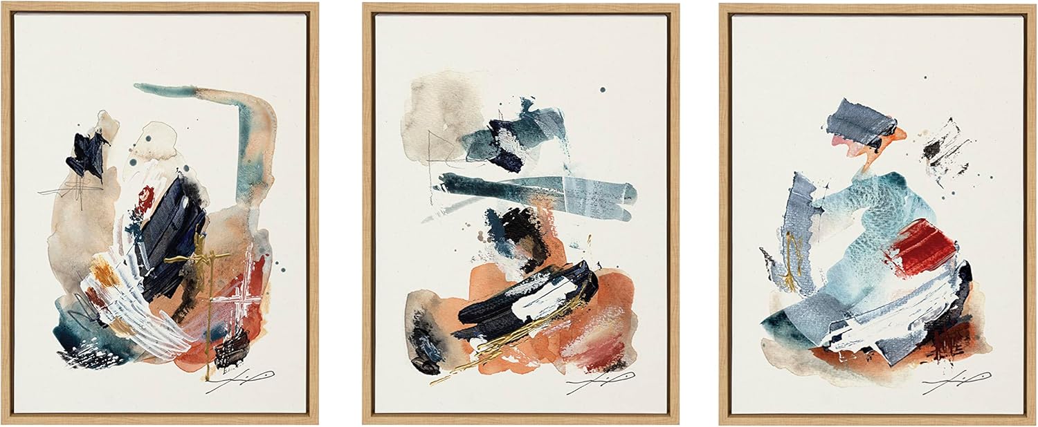 Kate and Laurel Sylvie By The Fireplace Series Framed Canvas Wall Art Set by Xizhou Xie 3 Piece Set Gold Modern Abstract Colorful Brushstrokes Art for WallNatural