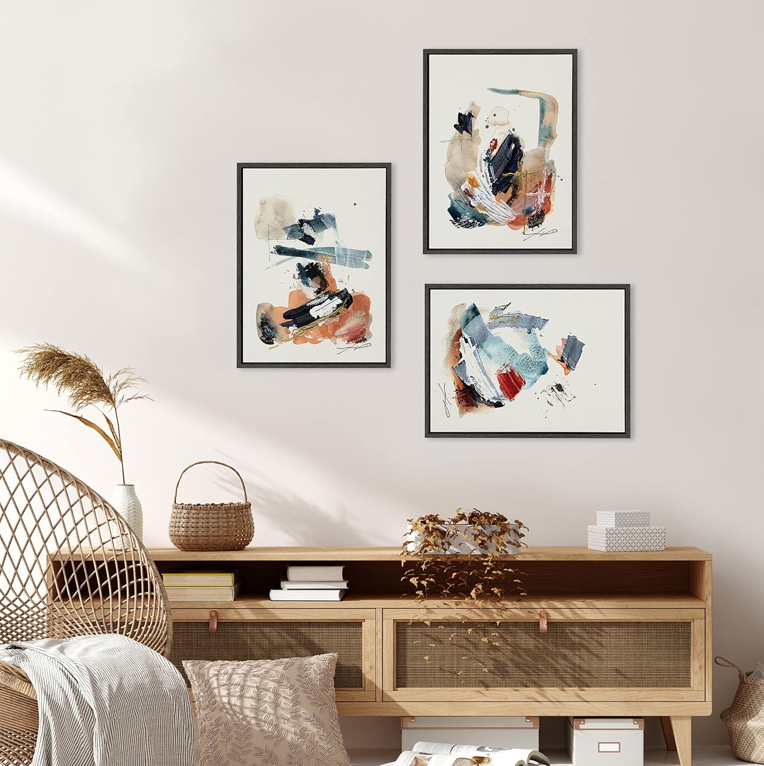 Kate and Laurel Sylvie By The Fireplace Series Framed Canvas Wall Art Set by Xizhou Xie 3 Piece Set Gold Modern Abstract Colorful Brushstrokes Art for WallGray