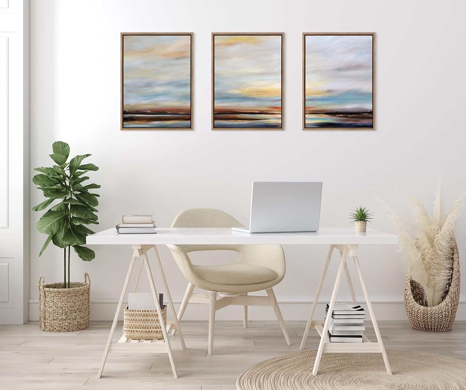 Kate and Laurel Sylvie Carolina Sunset Triptych Framed Canvas Wall Art Set by Mary Sparrow 3 Piece Set Gold Natural Beach Landscape Art Set for Home Wall Decor