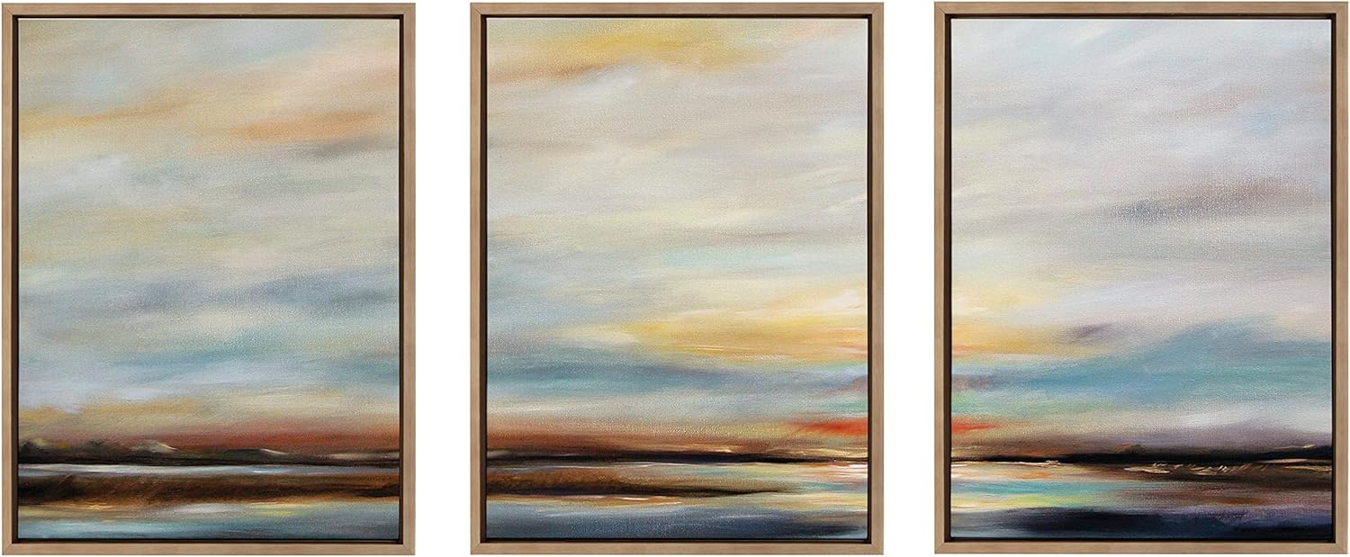 Kate and Laurel Sylvie Carolina Sunset Triptych Framed Canvas Wall Art Set by Mary Sparrow 3 Piece Set Gold Natural Beach Landscape Art Set for Home Wall Decor