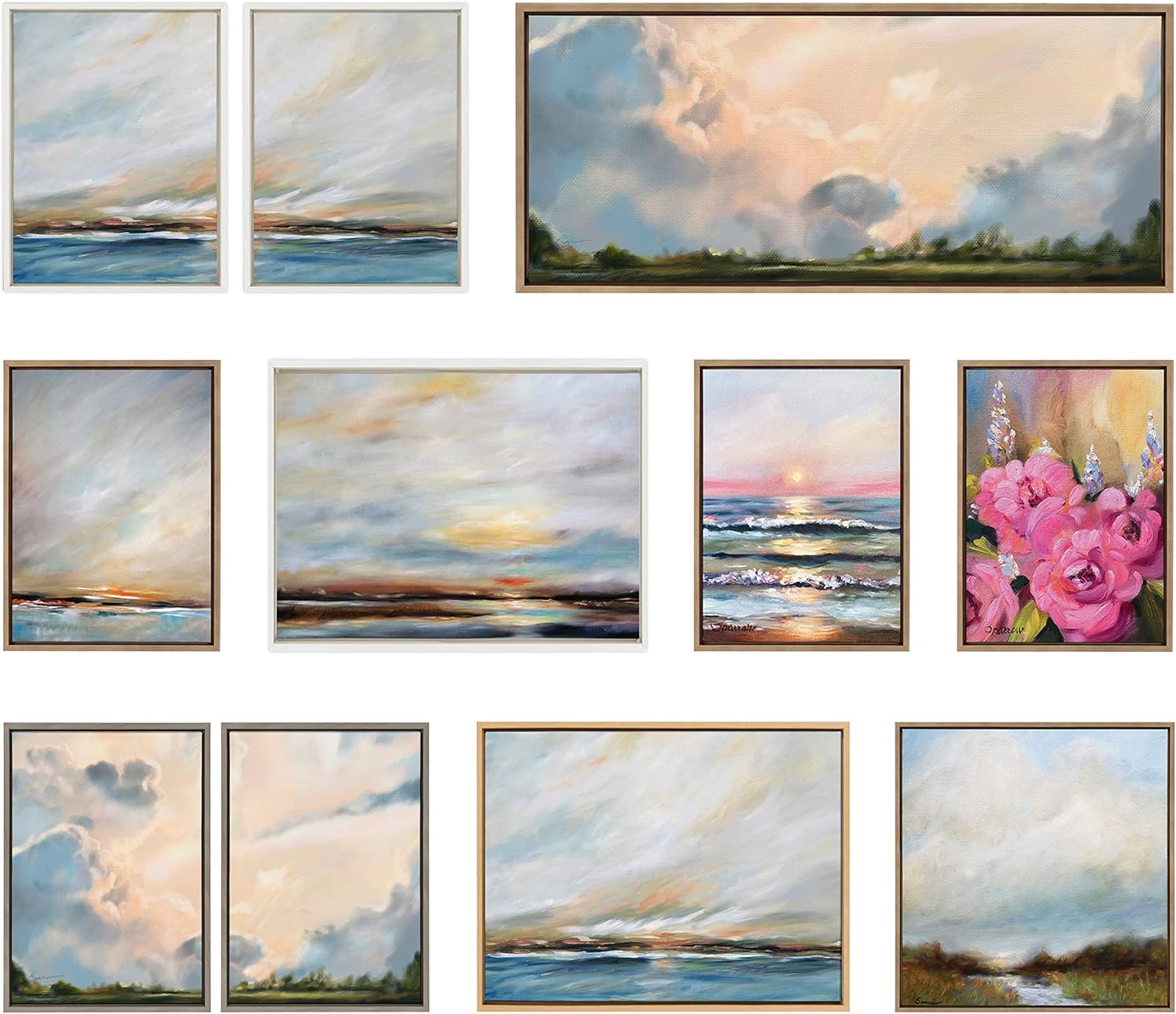 Kate and Laurel Sylvie Carolina Sunset Triptych Framed Canvas Wall Art Set by Mary Sparrow 3 Piece Set Gold Natural Beach Landscape Art Set for Home Wall Decor