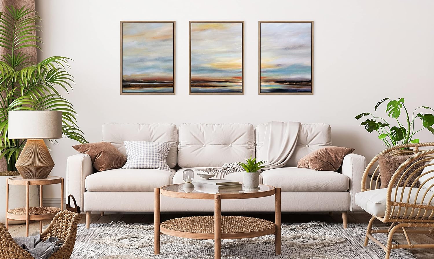 Kate and Laurel Sylvie Carolina Sunset Triptych Framed Canvas Wall Art Set by Mary Sparrow 3 Piece Set Gold Natural Beach Landscape Art Set for Home Wall Decor