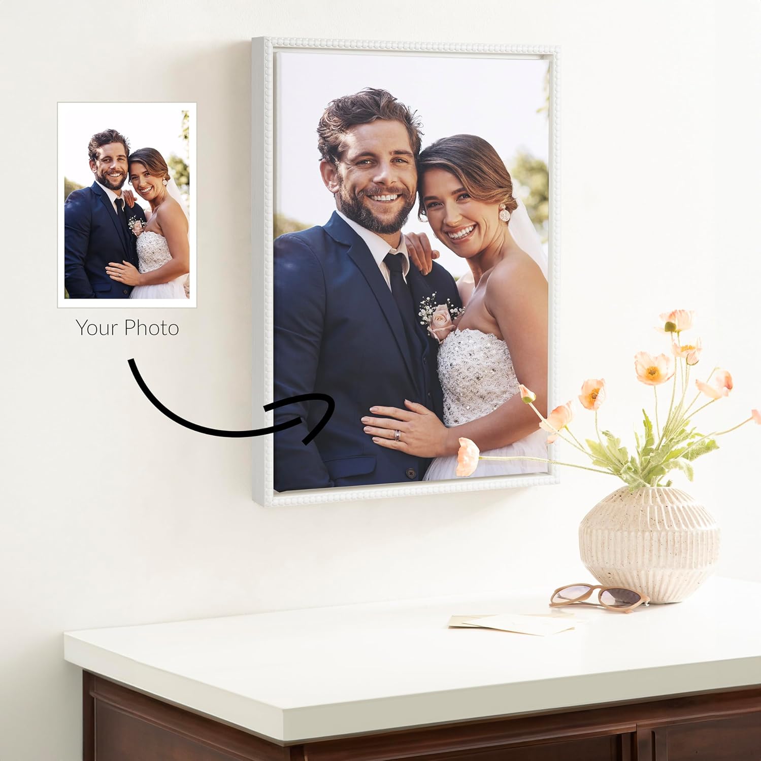 Kate and Laurel Sylvie Custom Printed Framed Canvas Wall Art 33x23 Dark Gray Personal Canvas Print with Your Photos for Bedroom or Living Room Gallery Wall Decor  Printed and Hand Framed in the USABeaded White