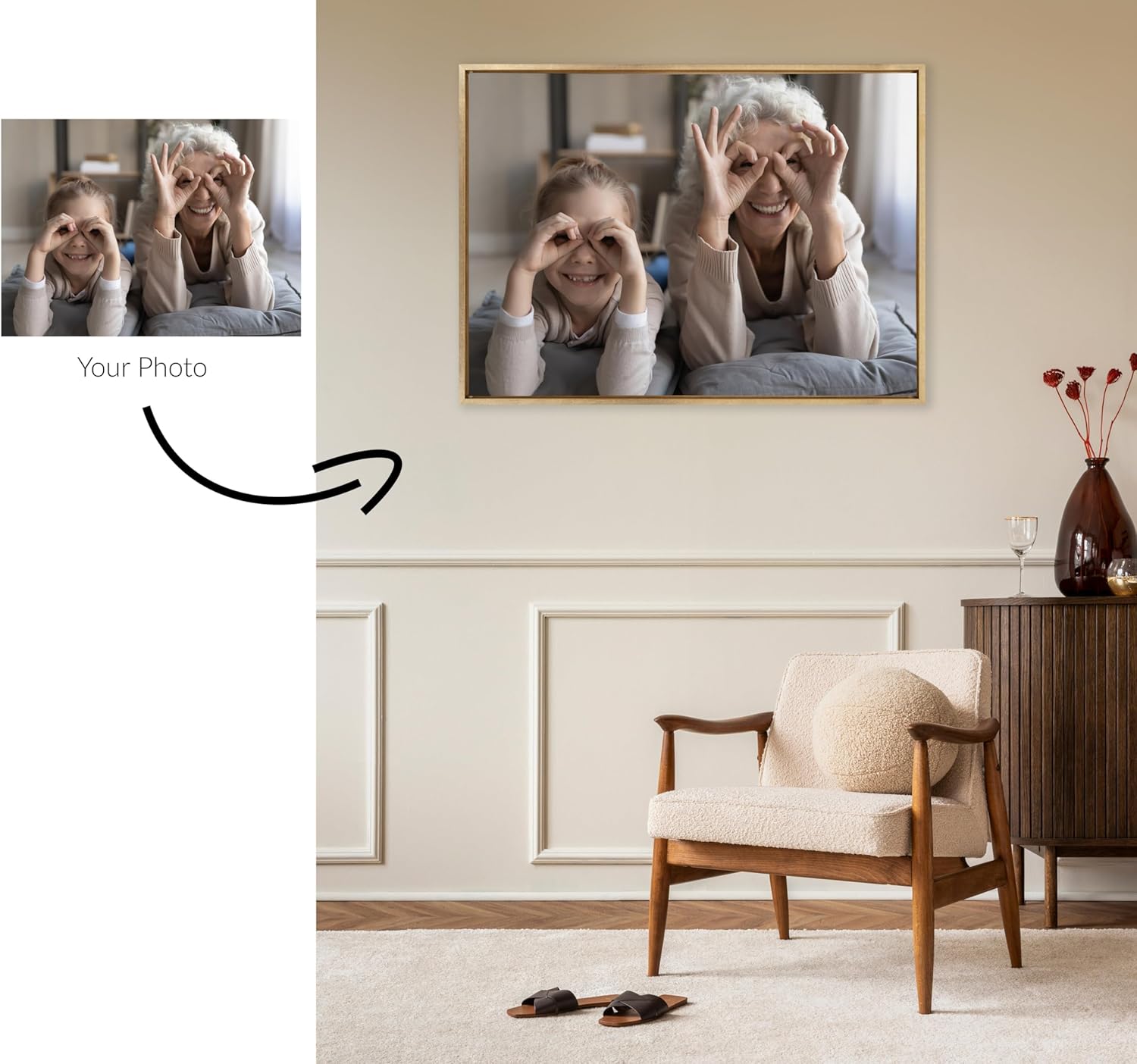 Kate and Laurel Sylvie Custom Printed Framed Canvas Wall Art 33x23 Dark Gray Personal Canvas Print with Your Photos for Bedroom or Living Room Gallery Wall Decor  Printed and Hand Framed in the USABright Gold