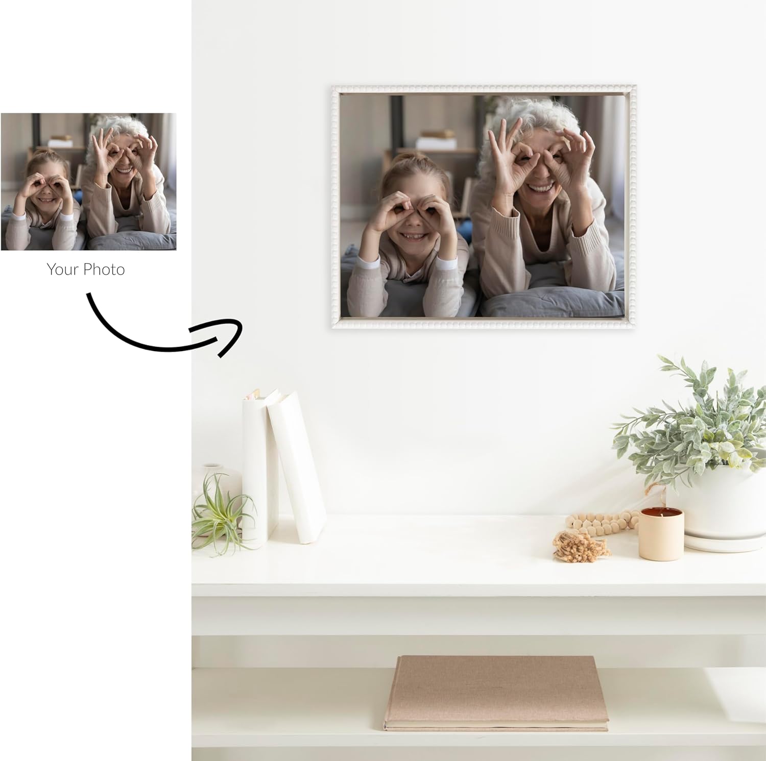 Kate and Laurel Sylvie Custom Printed Framed Canvas Wall Art 33x23 Dark Gray Personal Canvas Print with Your Photos for Bedroom or Living Room Gallery Wall Decor  Printed and Hand Framed in the USABeaded White