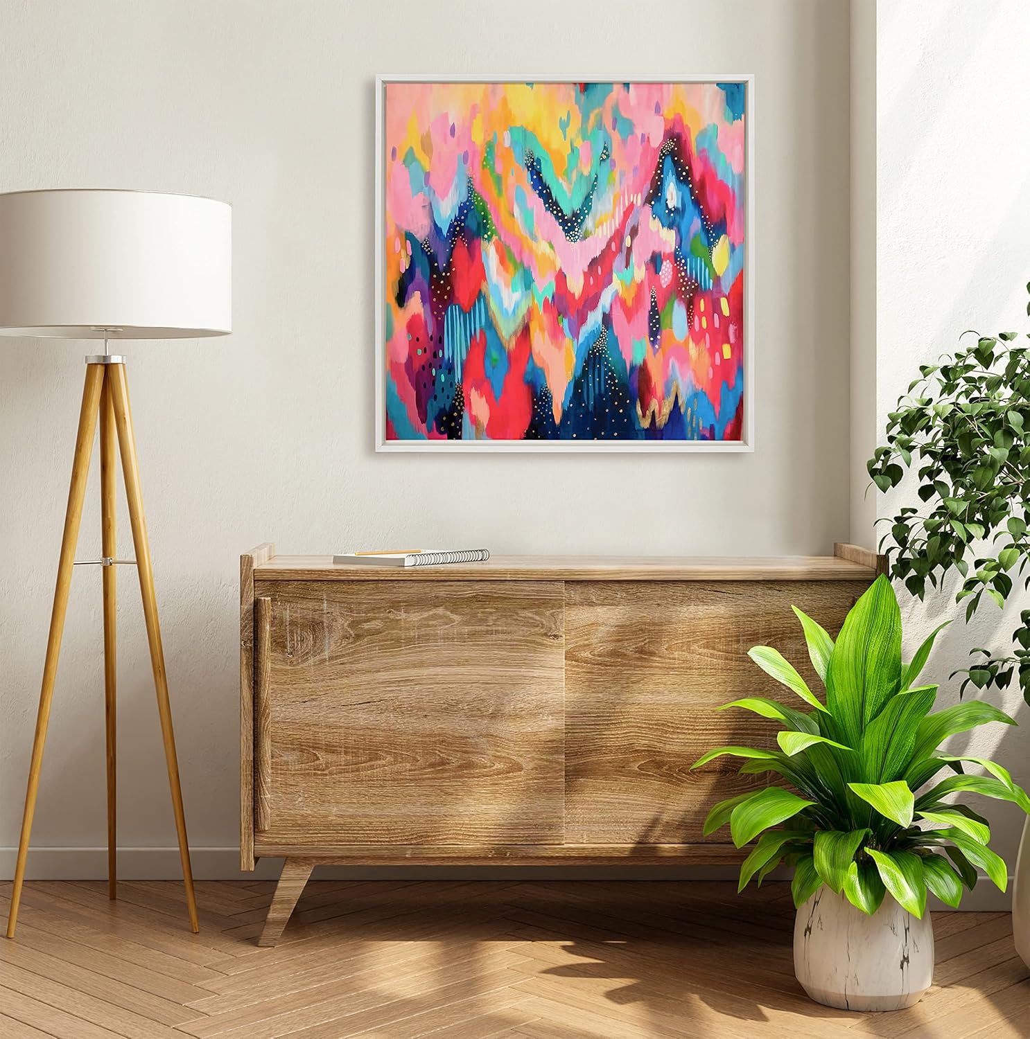 Kate and Laurel Sylvie EV Brushstroke 100 Framed Canvas Wall Art by Jessi Raulet of Ettavee 30x30 Natural Colorful Abstract for WallWhite