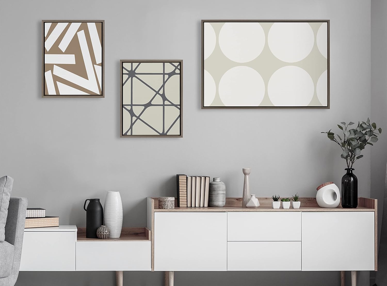 Kate and Laurel Sylvie Elevated Modern Neutral Dots Pattern No 2 and Stained Glass Framed Canvas Wall Art Set by The Creative Bunch Studio Set of 3 16x20 and 23x33 Natural Abstract Wall DcorGray